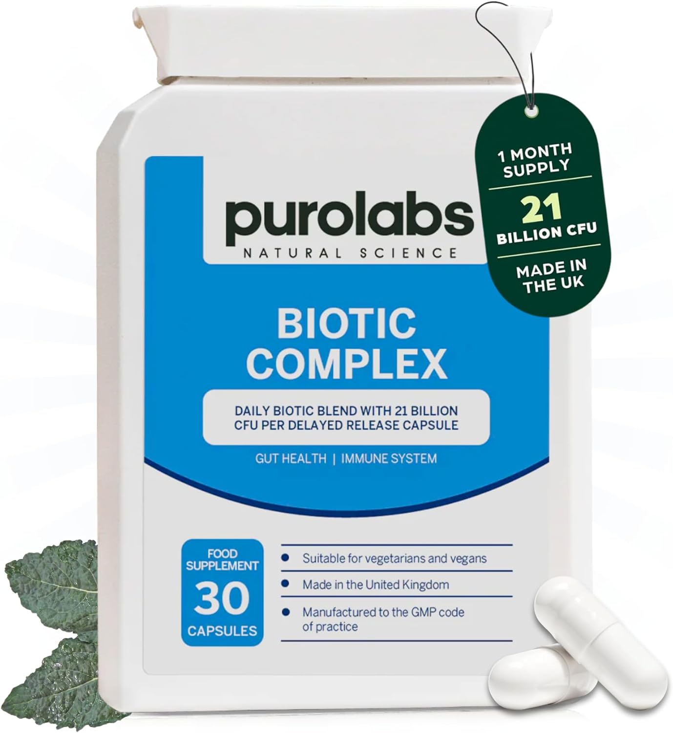 Purolabs Probiotic Complex for Gut Health | High Strength Probiotic for Men and Women | 21 Billion CFU with Prebiotic | 30 Vegan Capsules | Made in The UK