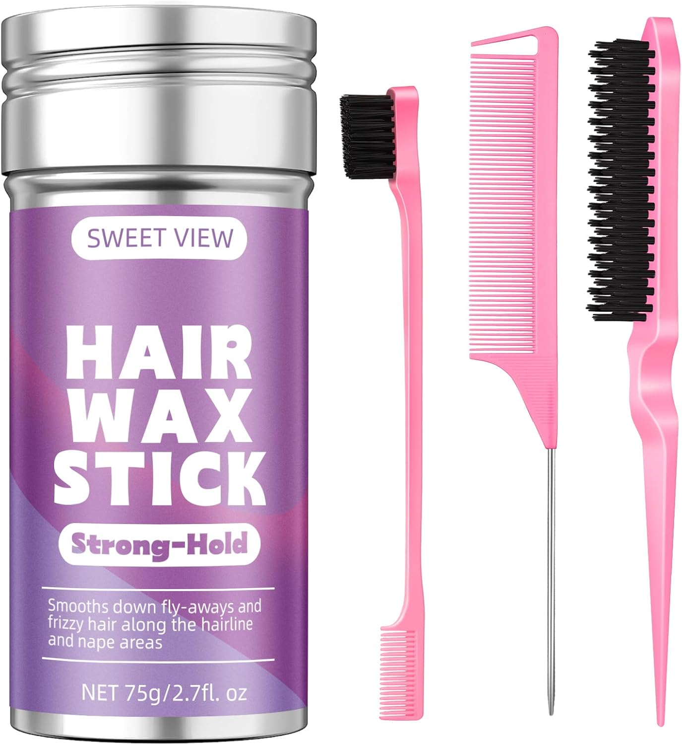 Hair Wax Stick & Slick Back Hair Brush for Tame Flyaways, Frizz, Sleek Ponytail, Buns | Pomade/Balm/Gel Stick for Woman, Styling Accessories for Girls, Kids