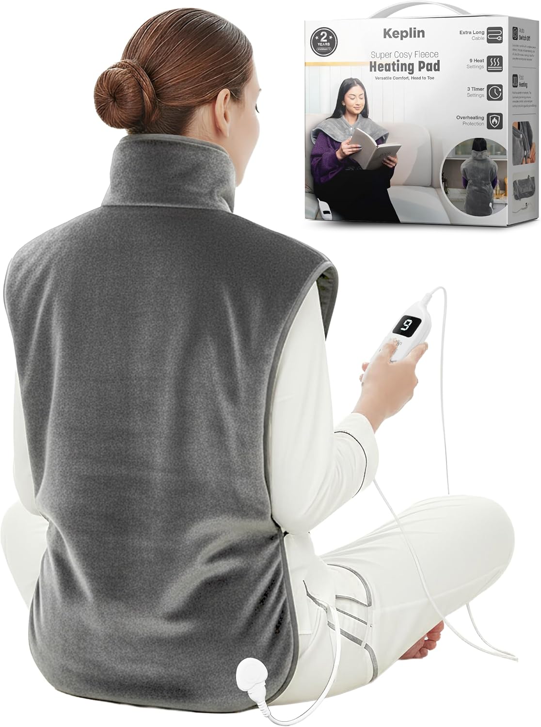 Keplin Electric Heating Pad for Back & Shoulder - 60x100cm -Super Cosy Flannel, 9 Heat Settings & Overheat Protection, 3 Timer Modes (30/60/90 mins), Washable Cover & Remote Display - Grey (Large)