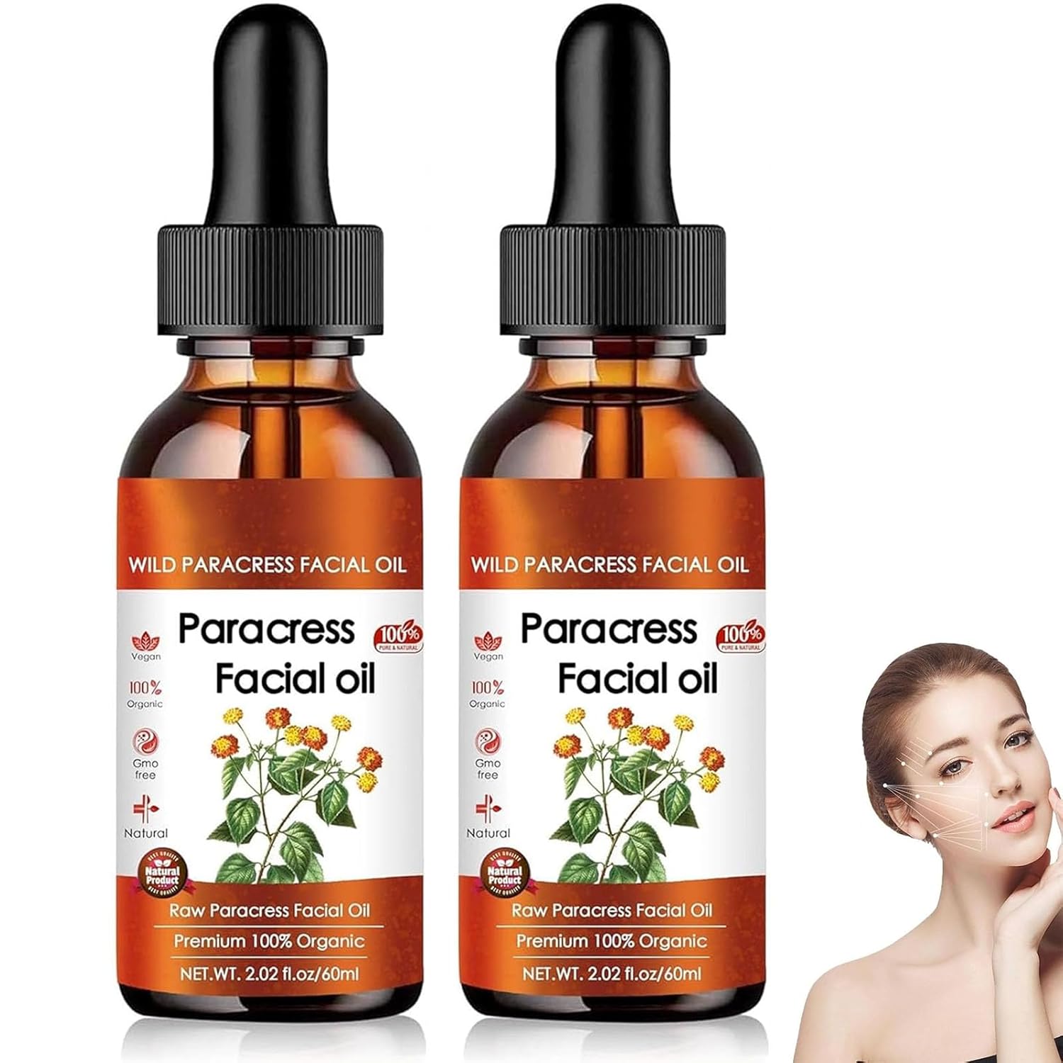 100% Organic Paracress Facial Oil - Anti-Aging Moisturizing Essential Oil for Wrinkle Reduction, Hydration(2Pcs)