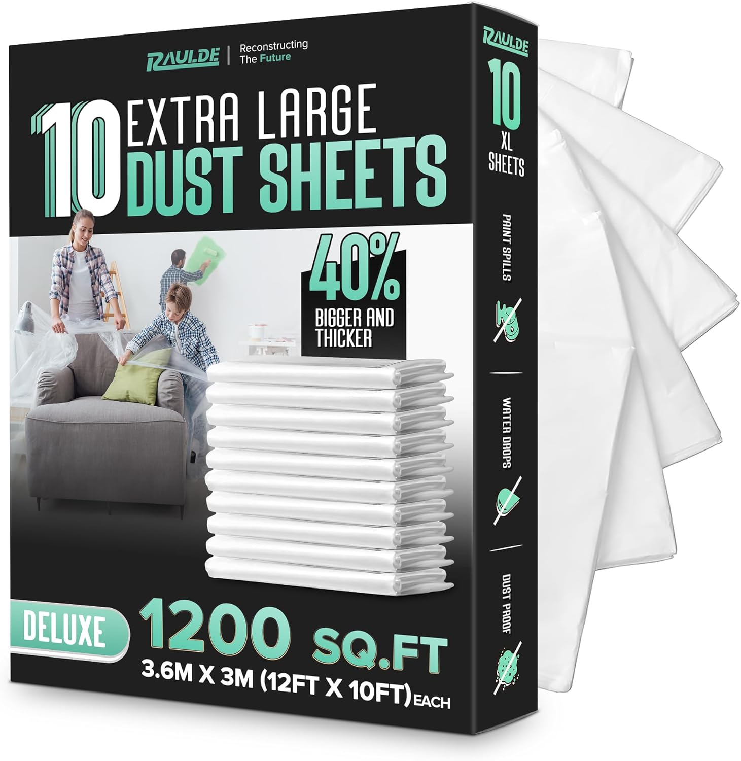 RAULDE Pack of 10 Large Plastic Dust Sheets for Decorating & Painting- 3.6m x 3m (12ft x 10ft) - Polythene Sheeting for Furniture & Floor Protection - Waterproof & Tear Resistant Drop Cloth