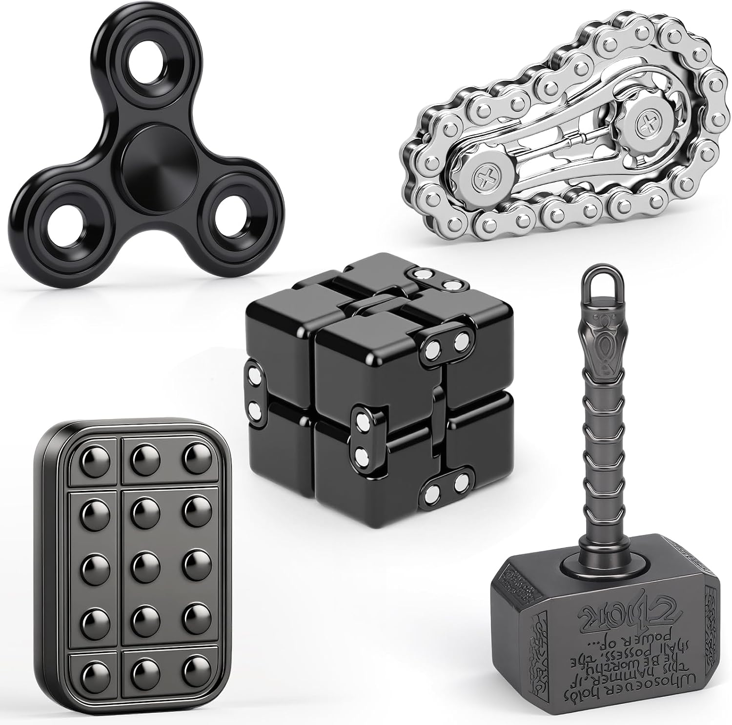 5PCS Fidget Toys Set for Kids Adults, Easter Basket Stuffers for Teen with Fidget Chain, Infinity Cube, Fidget Slider, 2 in 1 Hammer Spinner, Metal Tri Spinner, Stress Relief Office Birthday Gift