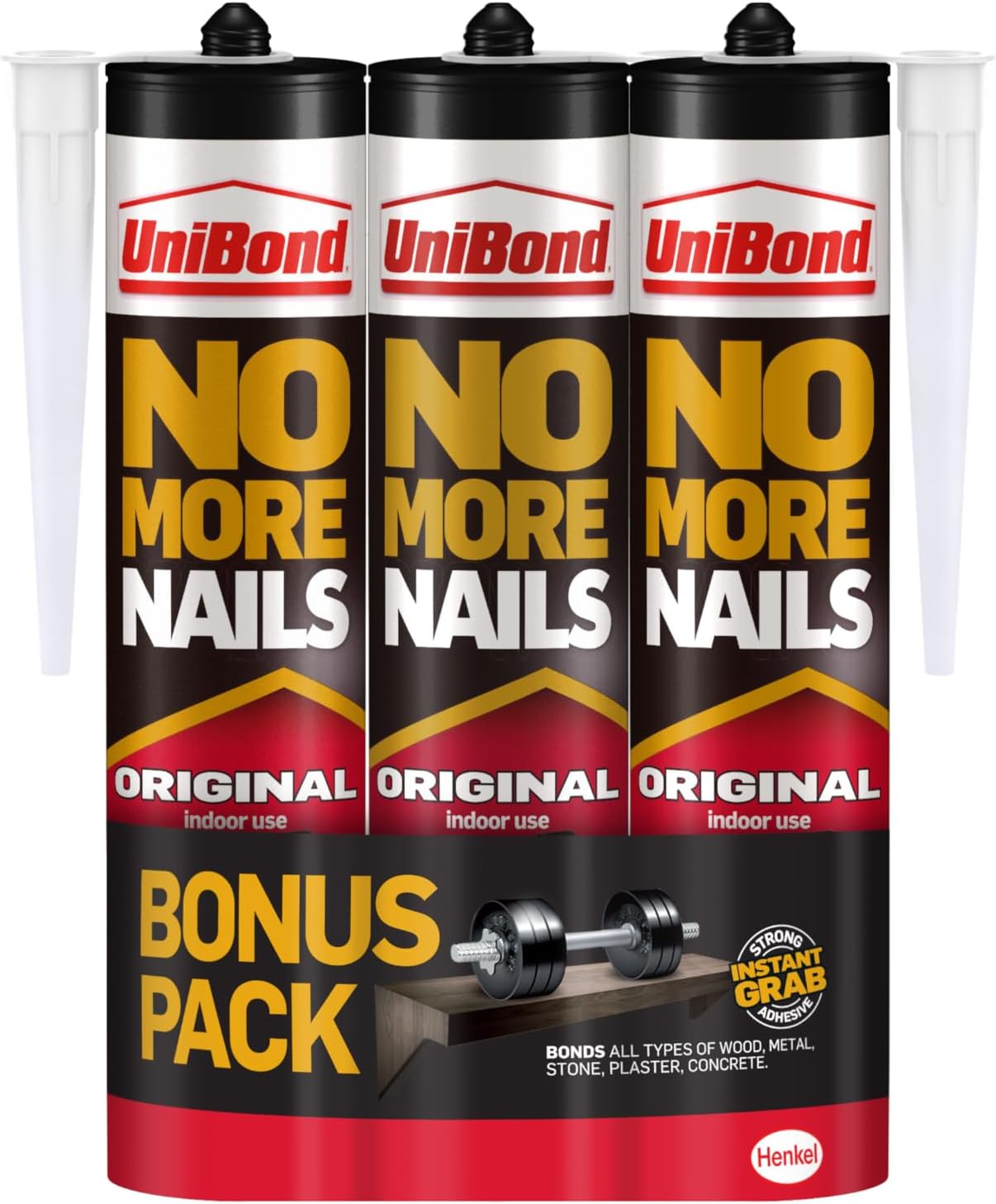 UniBond No More Nails Original, Heavy-Duty Mounting Adhesive, No Nails Strong Glue for Wood, Ceramic, Metal etc., White Instant Grab Adhesive, Pack of 3 (3 x 365g Cartridges)