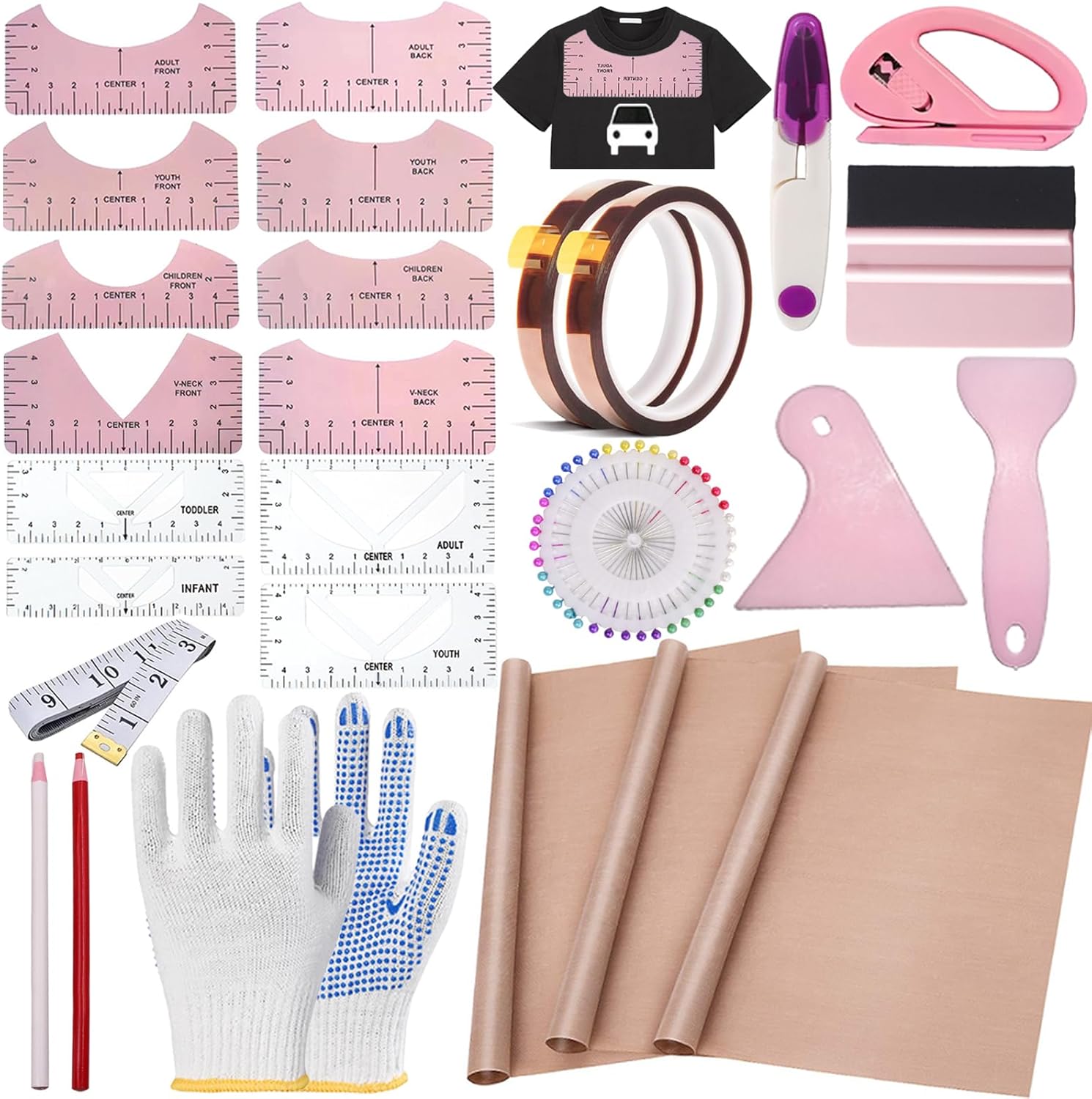 Sublimation Shirts Tool Kits 66 Pcs Shirt Measure Ruler Set Reusable Round Neck and V-Neck Alignment T-Shirt Guide Ruler Teflon Sheet for Heat Press 12 x 16in Heat Resistant Tape