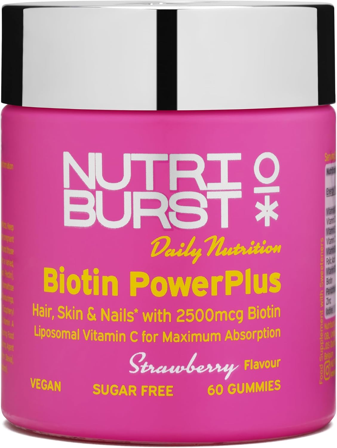 Nutriburst Biotin Power Plus - Biotin (2500mcg) + Liposomal Vitamin C for Healthy Hair & Glowing Skin - Strawberry Flavour - 60 Gummies 1 Month Supply - Suitable for Vegans