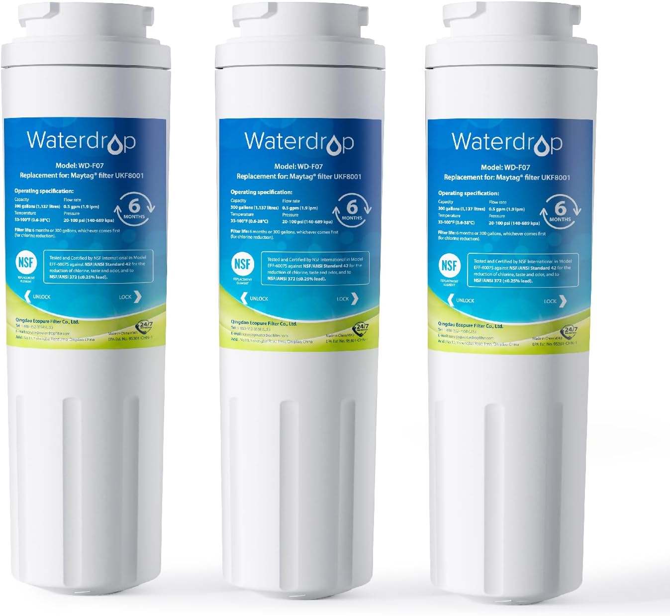Waterdrop EDR4RXD1 Replacement for EveryDrop® Filter 4, Whirlpool® UKF8001, 4396395, Maytag® UKF8001AXX-200, UKF8001AXX-750, WD-F07, Refrigerator Water Filter, 3 Filters (Package May Vary)