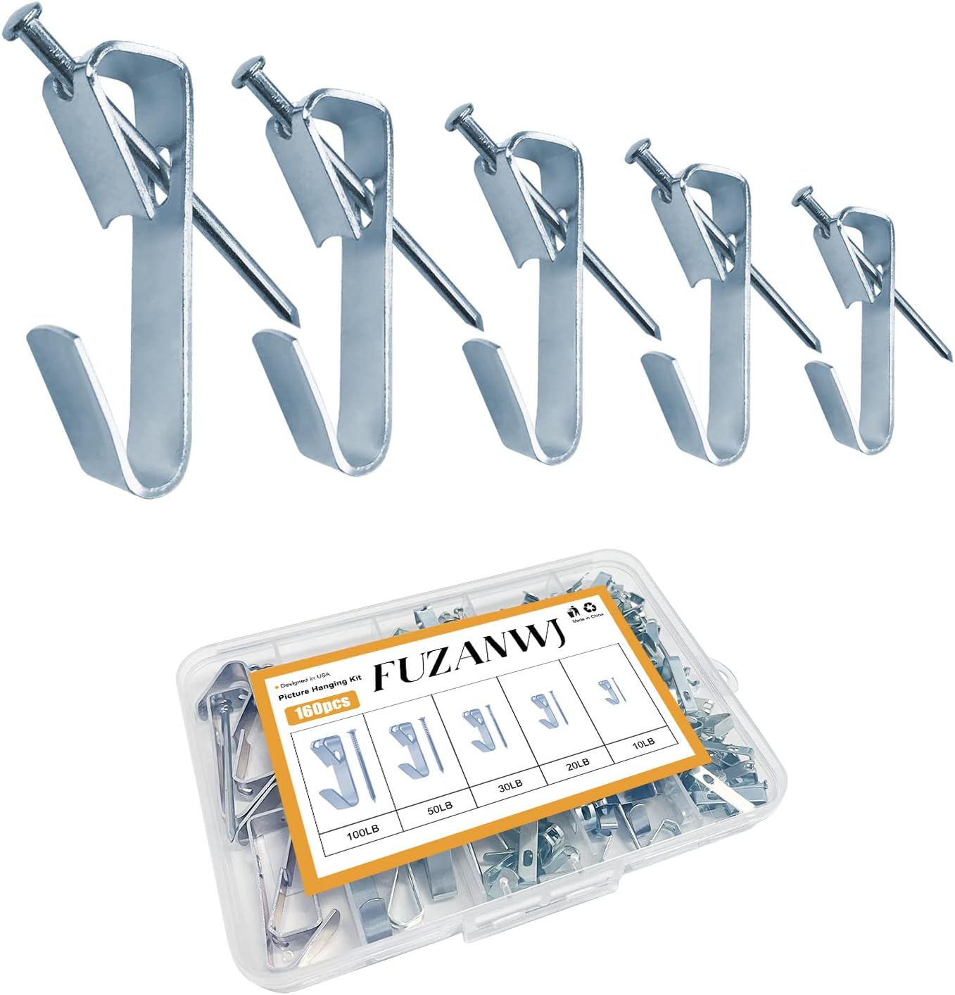 Picture Hangers, 160pcs Picture Hooks with Nails , 10-100lbs Picture Frame Hangers, Professional Picture Hanging kit on Wooden Wall / Drywall for Pictures, Canvas, Mirror, Holds 10-100 lbs(Silver)