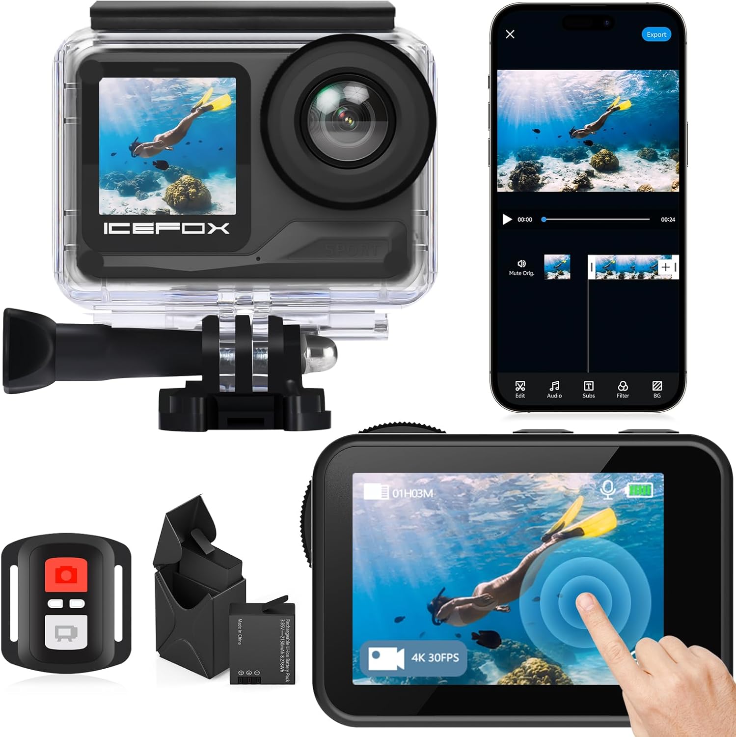 icefox i7 Action Camera 4K 60FPS 52MP with 2X 2150mAh Batteries, Underwater Camera with 5X Zoom, EIS, Powered by Snappro App,Support Video&Photo Editing,Waterproof, WiFi Remote Control