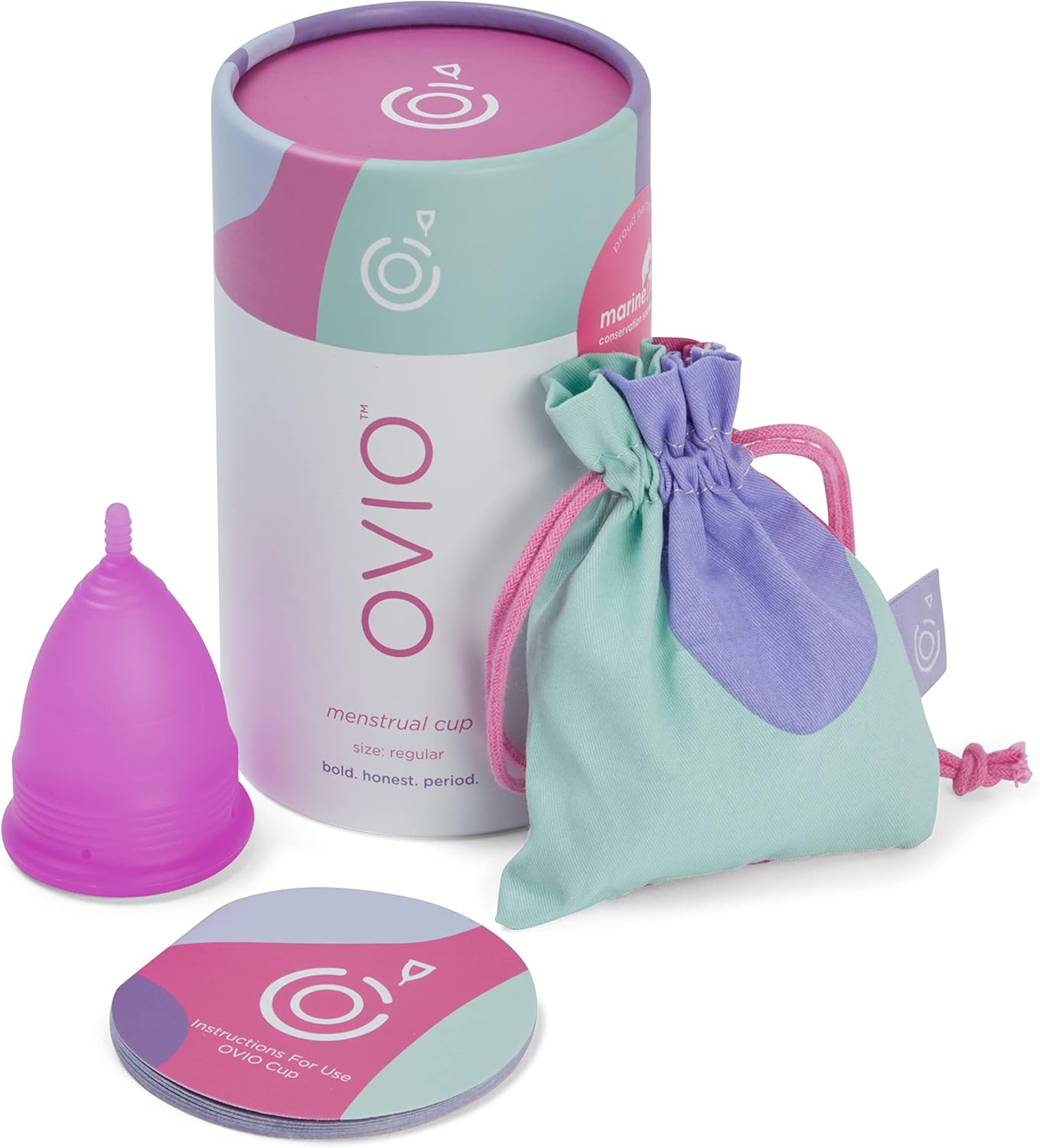 OVIO Menstrual Cup - Reusable Soft and Flexible 100% Medical Grade Silicone Cup with Travel Pouch - Leak Free and Reliable with Size Replacement Guarantee (Regular)