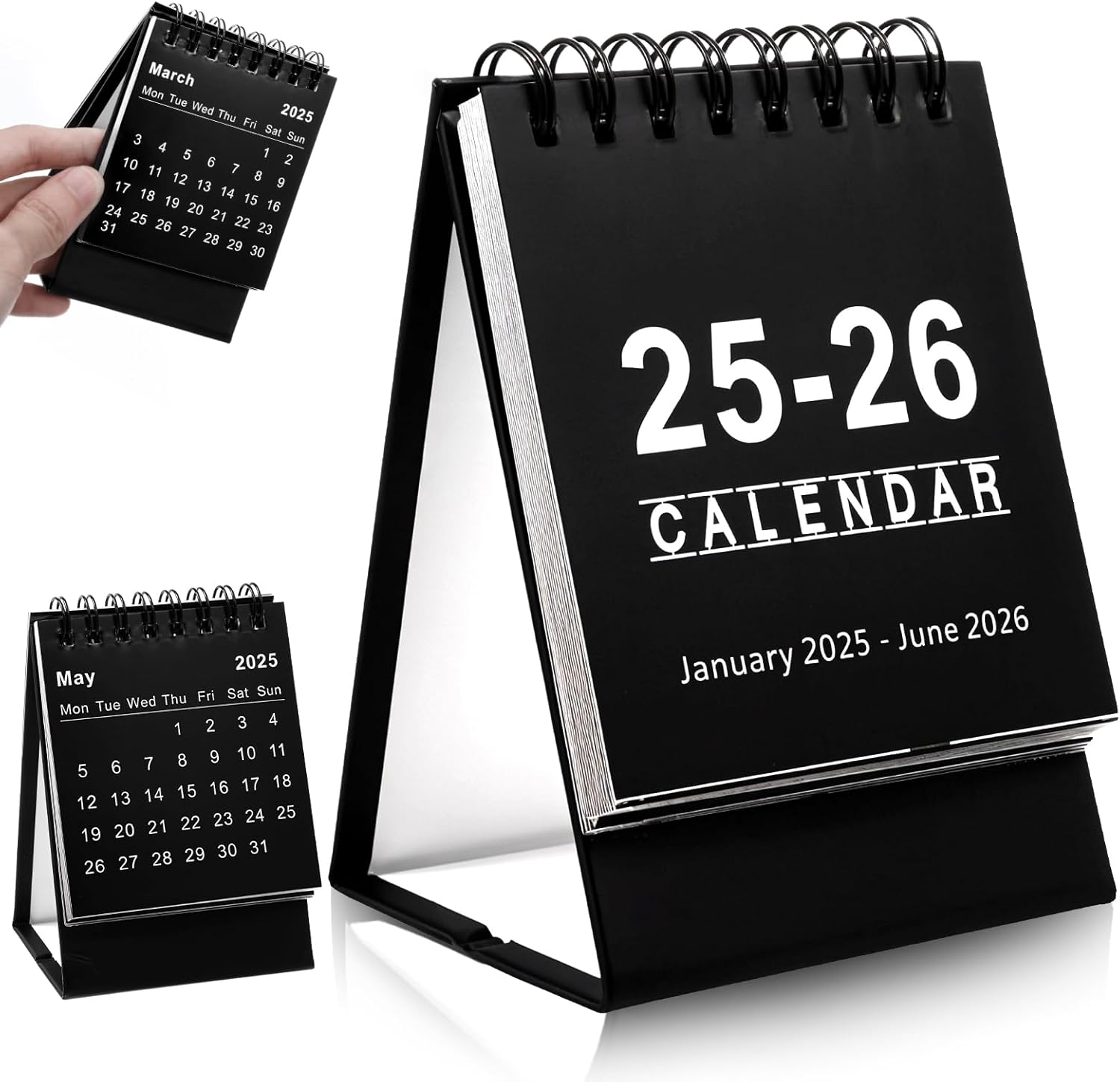 Tyqour Mini Desk Calendar 2025.1-2026.6 Small Desktop Calendar 2025-2026 Standing Flip Calendar Small Desk Calendar 2025-2026 for Home Office School (Black)