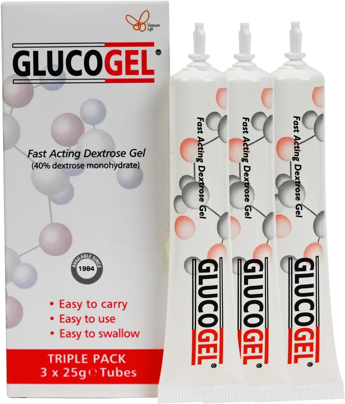 GlucoGel Fast Acting Glucose Energy Gel - Hypostop Gel for Running, Hiking, Cycling, Marathon Liquid Dextrose - Original Unflavoured, 10g per Tube (Pack of 3)