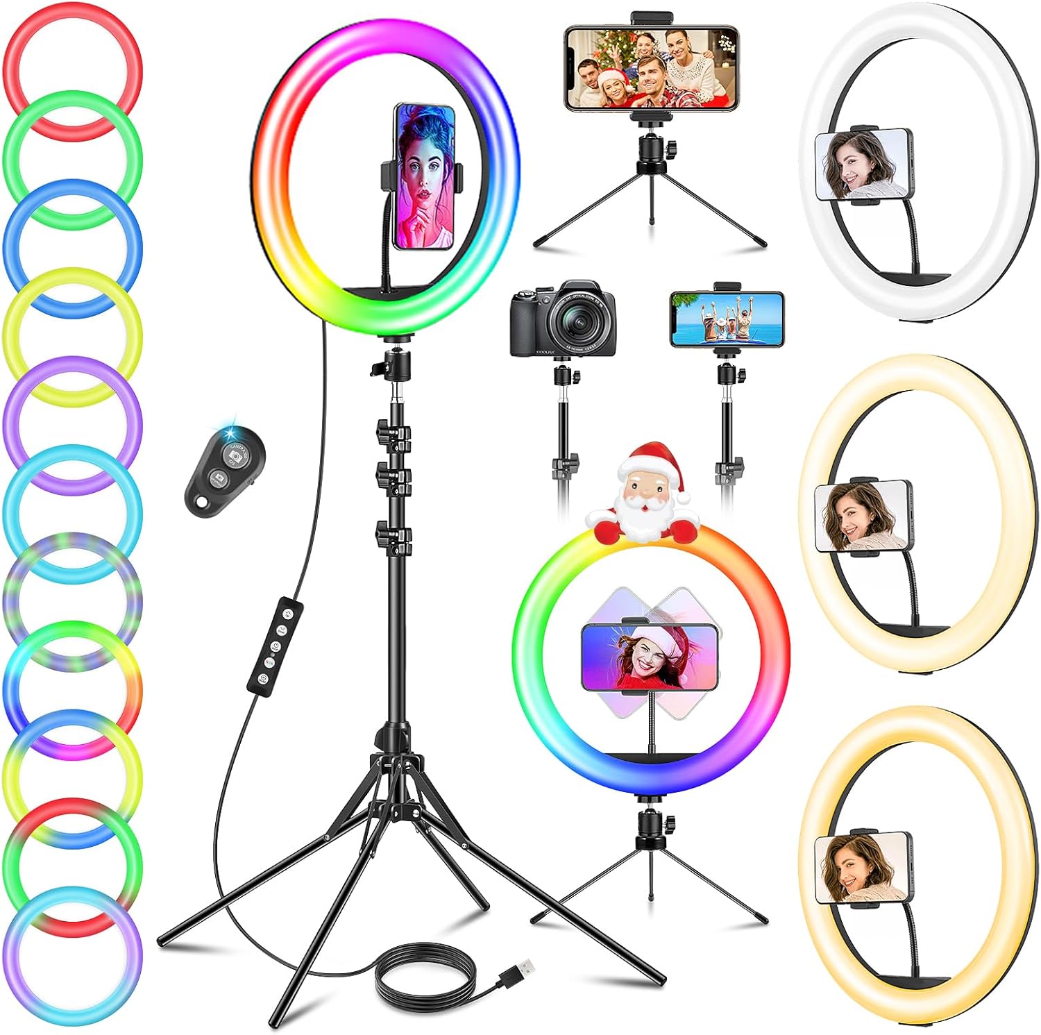 11.5'' Ring Light with Tripod Stand & Phone Holder Tall, GerTong LED Professional Selfie Circle Ringlight with Remote for Makeup YouTube, Floor/Desk USB Halo Lamp with 40 RGB Modes 13 Brightness