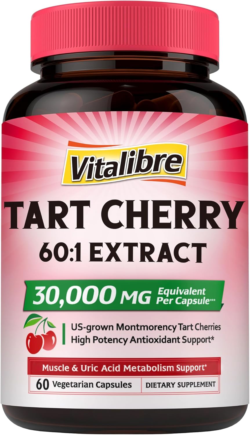 Tart Cherry Capsules, 500 mg Extract, Concentrated 60:1 Extract, 30000 mg Strength, Montmorency Tart Cherries, Uric Acid Balance, Muscle, Sleep Support, Non-GMO, 60 Vegan Capsules