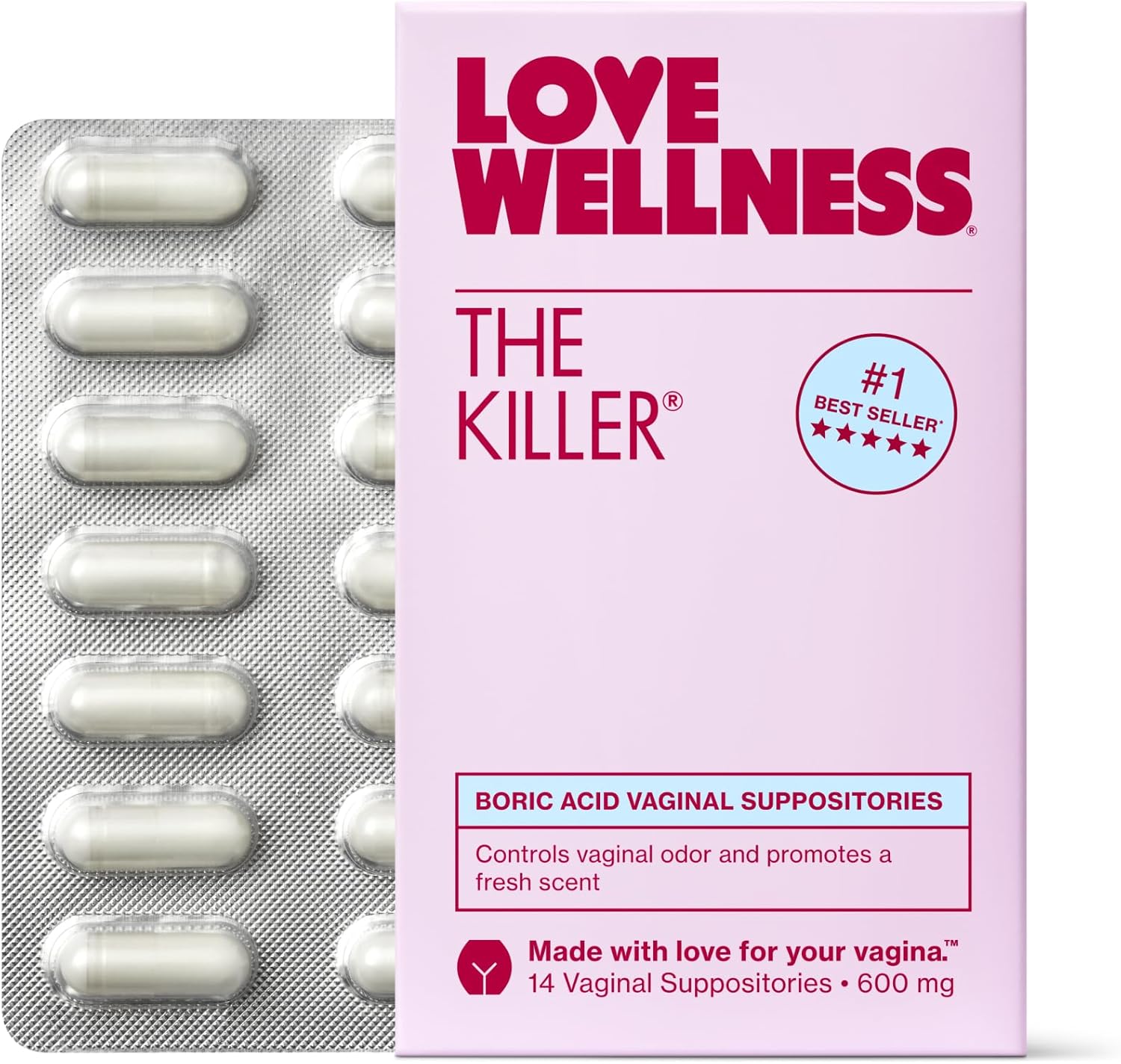 Love Wellness The Killer | Boric Acid Vaginal Suppositories | Balances pH & Supports Odor Control, a Healthy Vaginal Balance and Environment | Fast-Acting & Fragrance-Free | Gentle & Effective | 14 Ct
