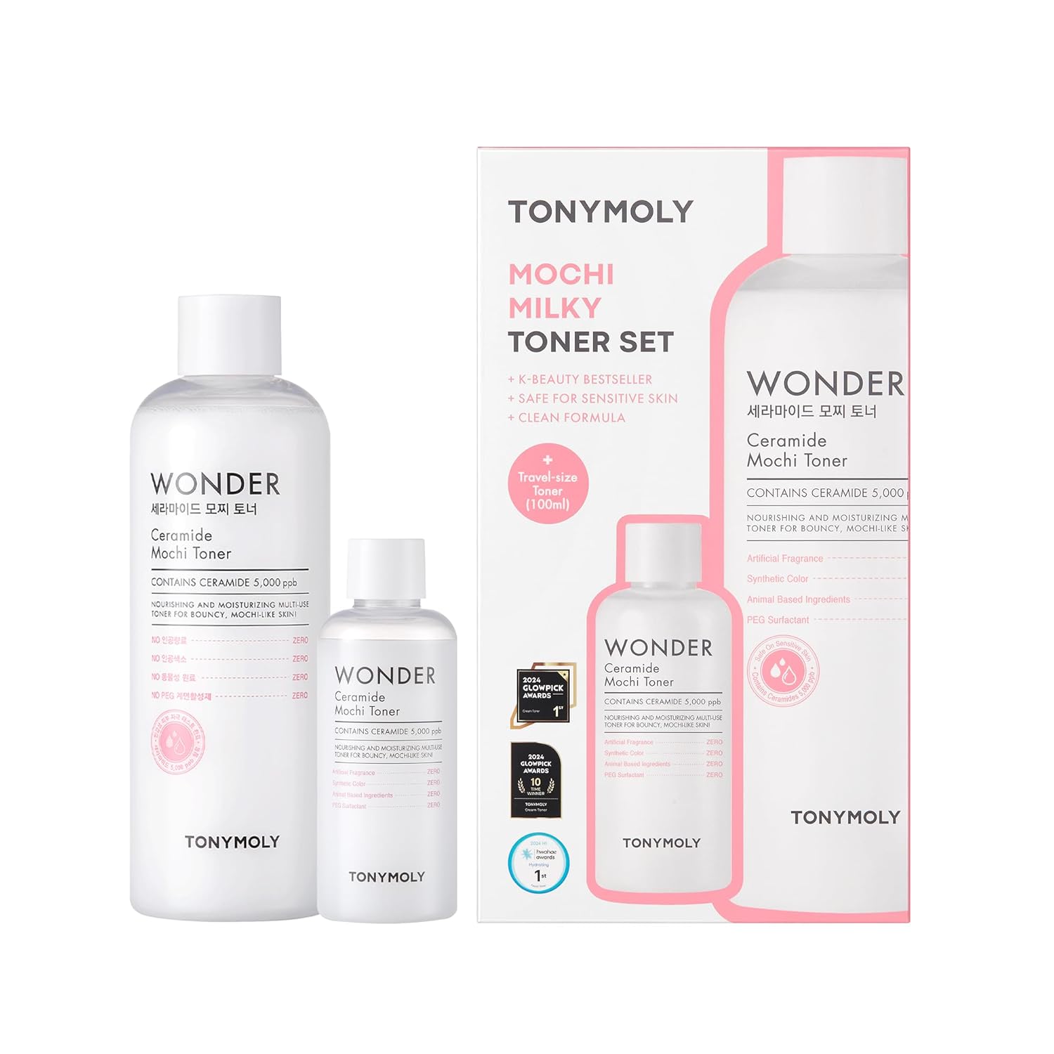TONYMOLY Mochi Milky Toner Set – Hydrating Korean Toner with Ceramide, Cica, Panthenol & Hyaluronic Acid – Strengthens Skin Barrier, Soothes & Moisturizes – 500ml + 100ml Travel Size Duo