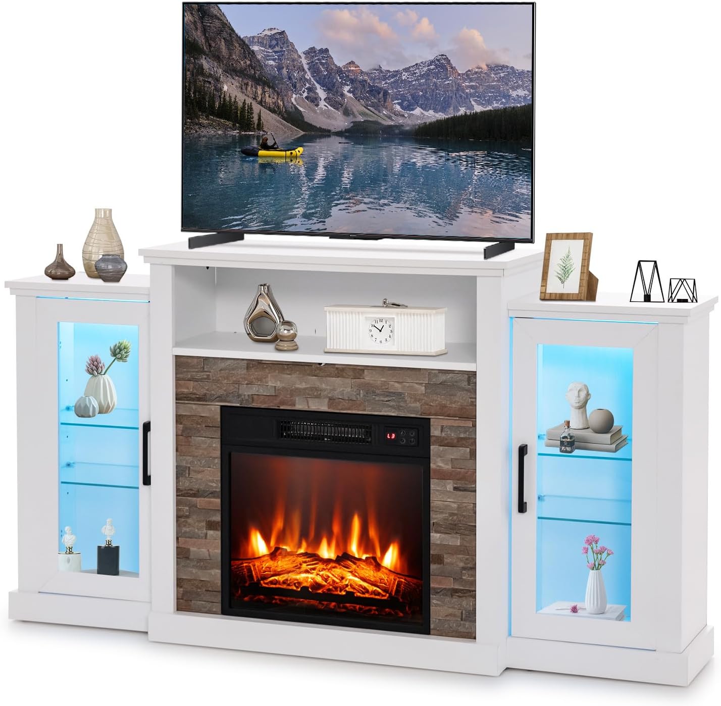 RELAX4LIFE 59" Fireplace TV Stand for 65" TVs, Entertainment Center w/18 Fire Place, LED Lights, APP & Remote Control, TV Console Table for Living Room, Electric Fireplace with Mantel (White)