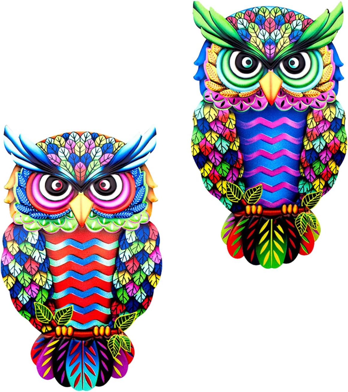 TourKing 2 Pack Metal Owl Wall Art Decor, Wrought Iron Colorful Owl Wall Sculptures, Outdoor Garden Fence Ornaments for Backyard Patio