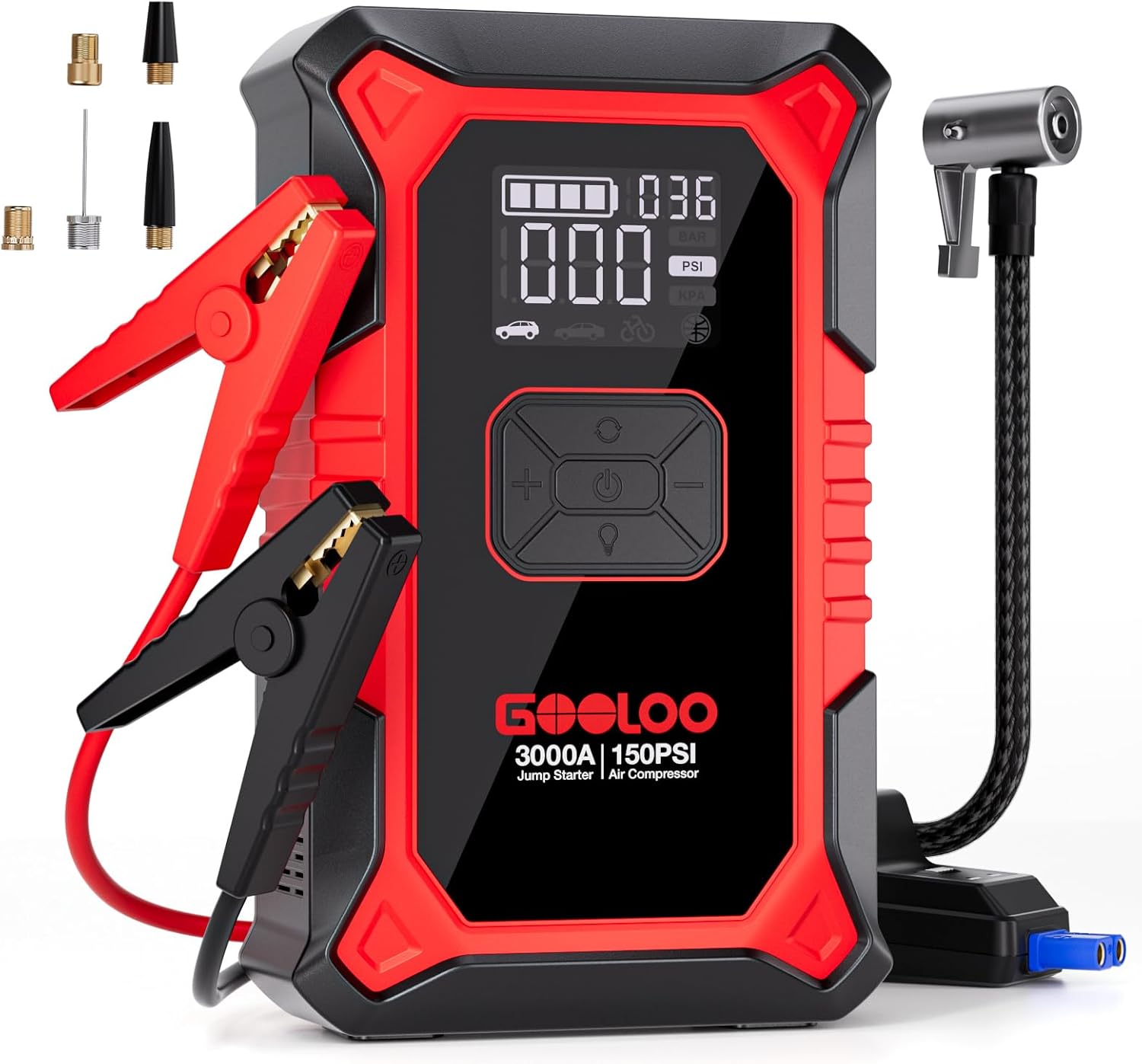 GOOLOO Starter Aid 3000A Supersafe Portable Lithium-Accu Auto Starting Aid Pack Air Compressor, Battery Charger Power Bank and Intelligent Starter Cable for All Petrol Engines or 9.0L Diesel Engines