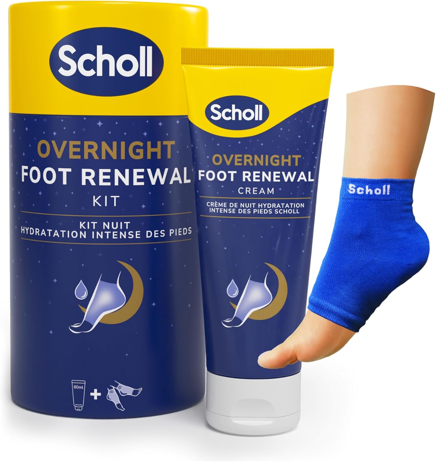 Scholl Overnight Renewal Kit, Footcare Cream 60 ml, Reusable Gel Heel Sleeves 1 Pair - Moisturise Dry Feet, Visible Results in 1 Night, Contains 5% Urea and Shea Butter, Podiatrist Approved