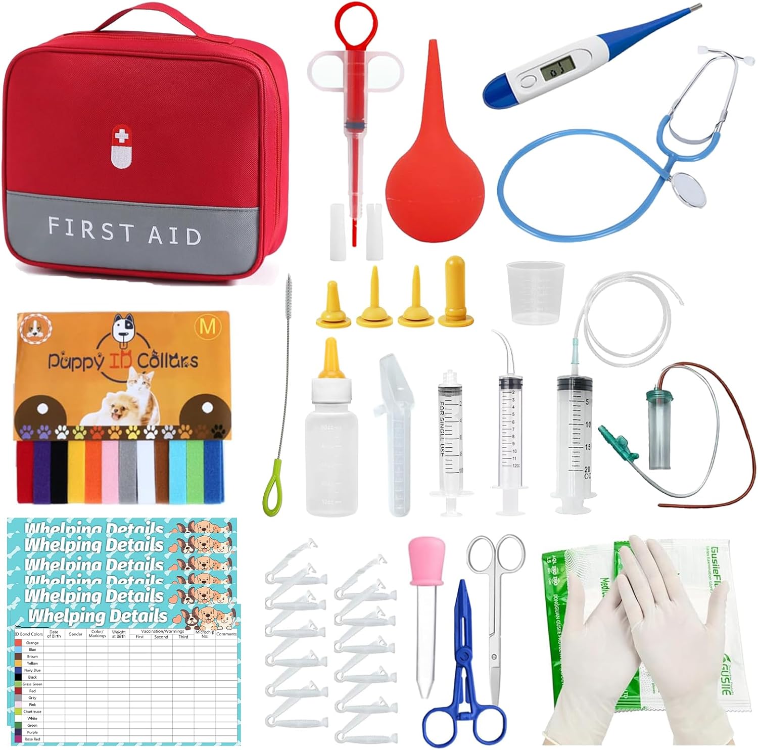 Puppy Whelping Kit, Kitten Puppy Whelping Supplies, Newborn Puppy Essentials, Whelping kit for Puppies Birth, Whelping Collars, Digital Thermometer, Stethoscope, Sputum Aspirator and More