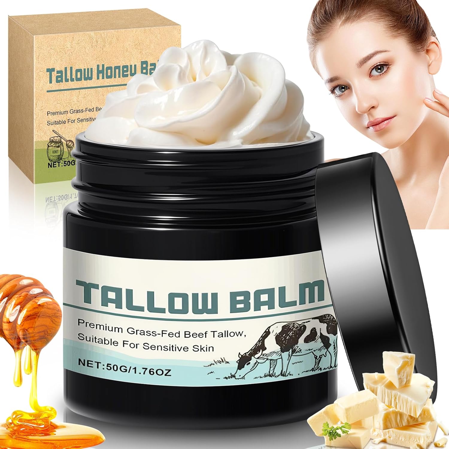 Beef Tallow Skin Care Beef Tallow Tallow Face Cream Beef Tallow Moisturiser Tallow and Honey Balm Tallow Face Moisturizer for Skin Care, Unscented, Multi-purpose Balm for Face & Body(1)