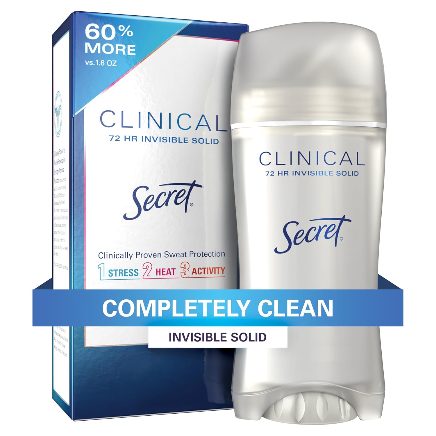 Secret Clinical Strength Antiperspirant and Deodorant for Women, 3X Stress Sweat Protection, PH Balancing Minerals, Invisible Solid, Completely Clean Scent, 2.6 oz