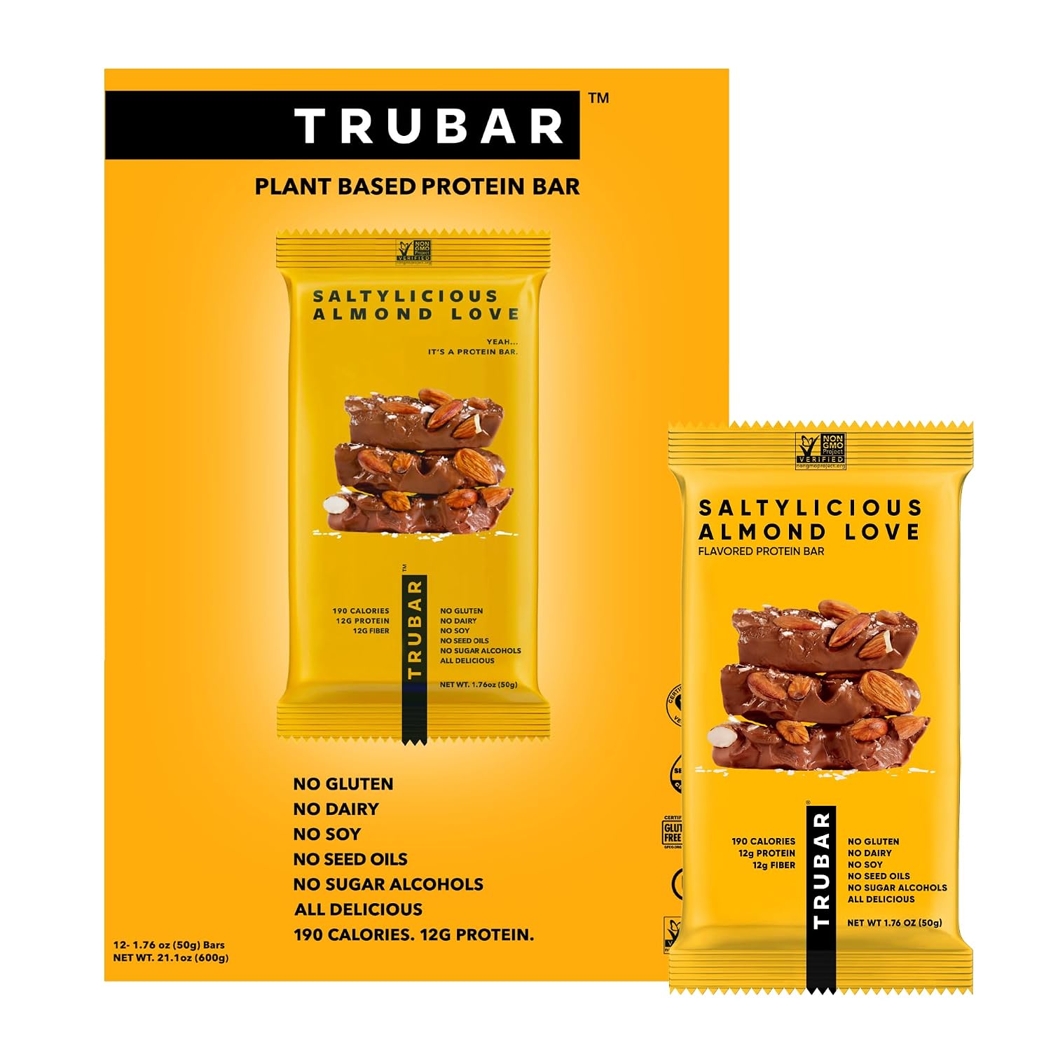 TRUBAR Vegan Protein Bar, Saltylicious Almond Love, Gluten Free, Plant Based, High Fiber, Dairy Free, Low Fat, Non GMO, No Sugar Alcohols, 12G Lean Protein, 13G Fiber, Healthy Snack Bars, 12 CT