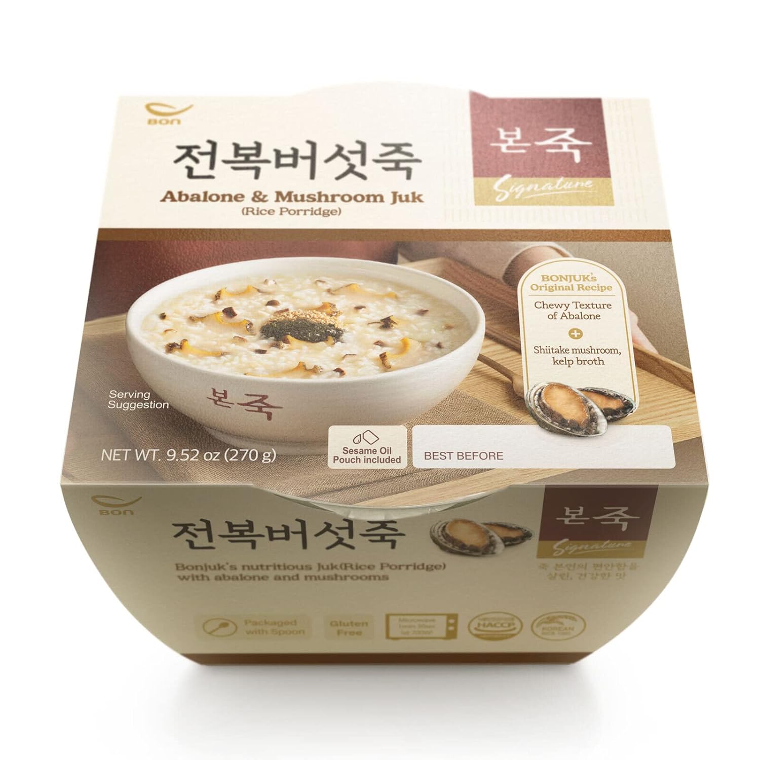 BONJUK Abalone & Mushroom Juk(Porridge) Bowl - Korean soup stew Kfood, Hearty Breakfast Oat Meal – 9.5oz(270g), bowl type