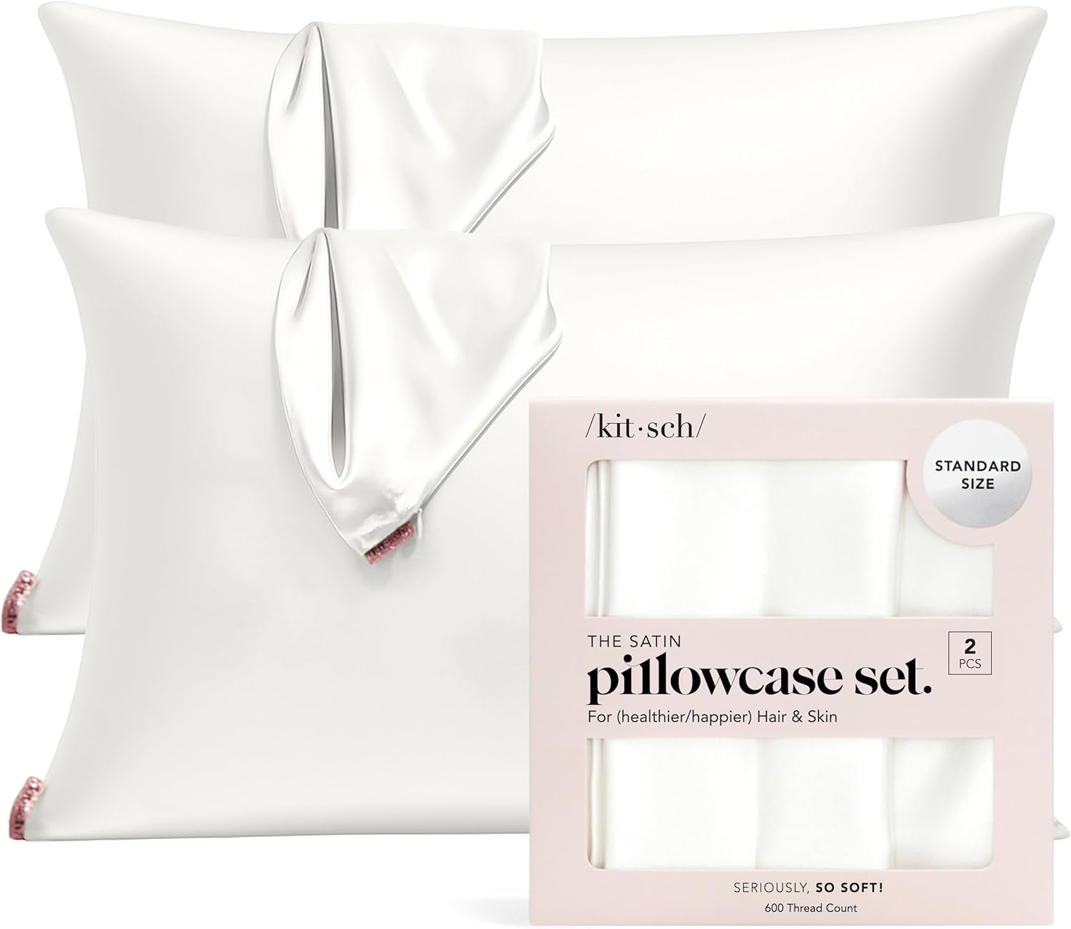 Kitsch Satin Pillowcase with Zipper for Hair & Skin - Softer Than Silk Pillow Cases, Smooth Cooling Satin Pillow Case, Wrinkle-Free, Machine Washable - Pillow Cases Standard Size (19x26), Ivory 2pcs
