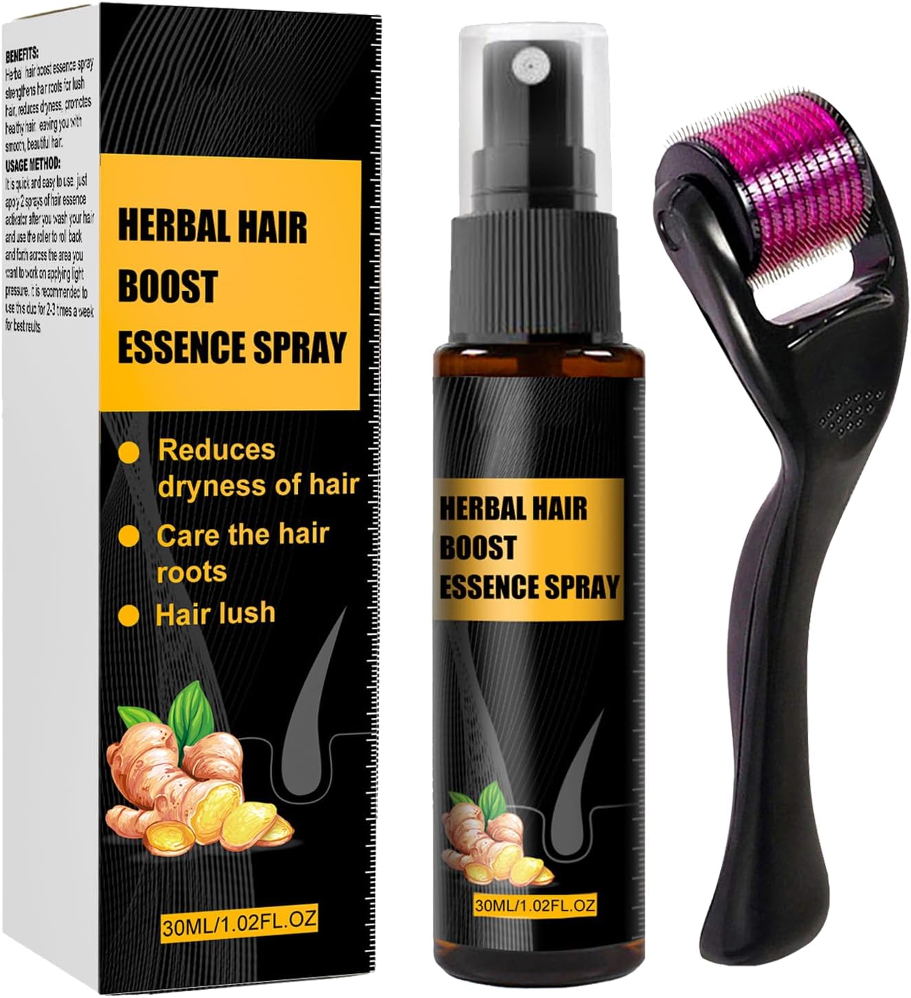 Hair Growth Serum, Hair Loss Treatment for Women Men, Hair Thickening Regrowth Supplements, Natural Hair Care Oil Spray, Scalp Massager, Hair Growth Oil with Derma Roller, Ginger Fo-ti 30ml