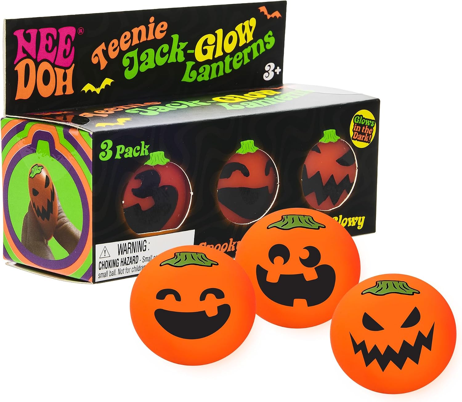 Schylling Needohween Teenie Jack Glow Lantern - Glow in The Dark Pumpkin Faces 3 Pack