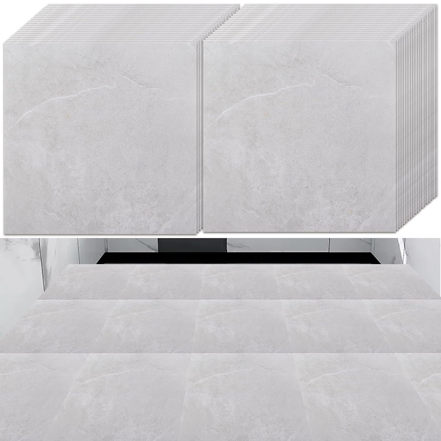 YAYODS 40 Pack Self Adhesive Floor Tile Vinyl Flooring, 30x30cm Light Grey Marble Texture Effect Flooring Tiles, Waterproof Peel and Stick Floor Tile for Kitchen Bathroom Living Room, Floor Planks