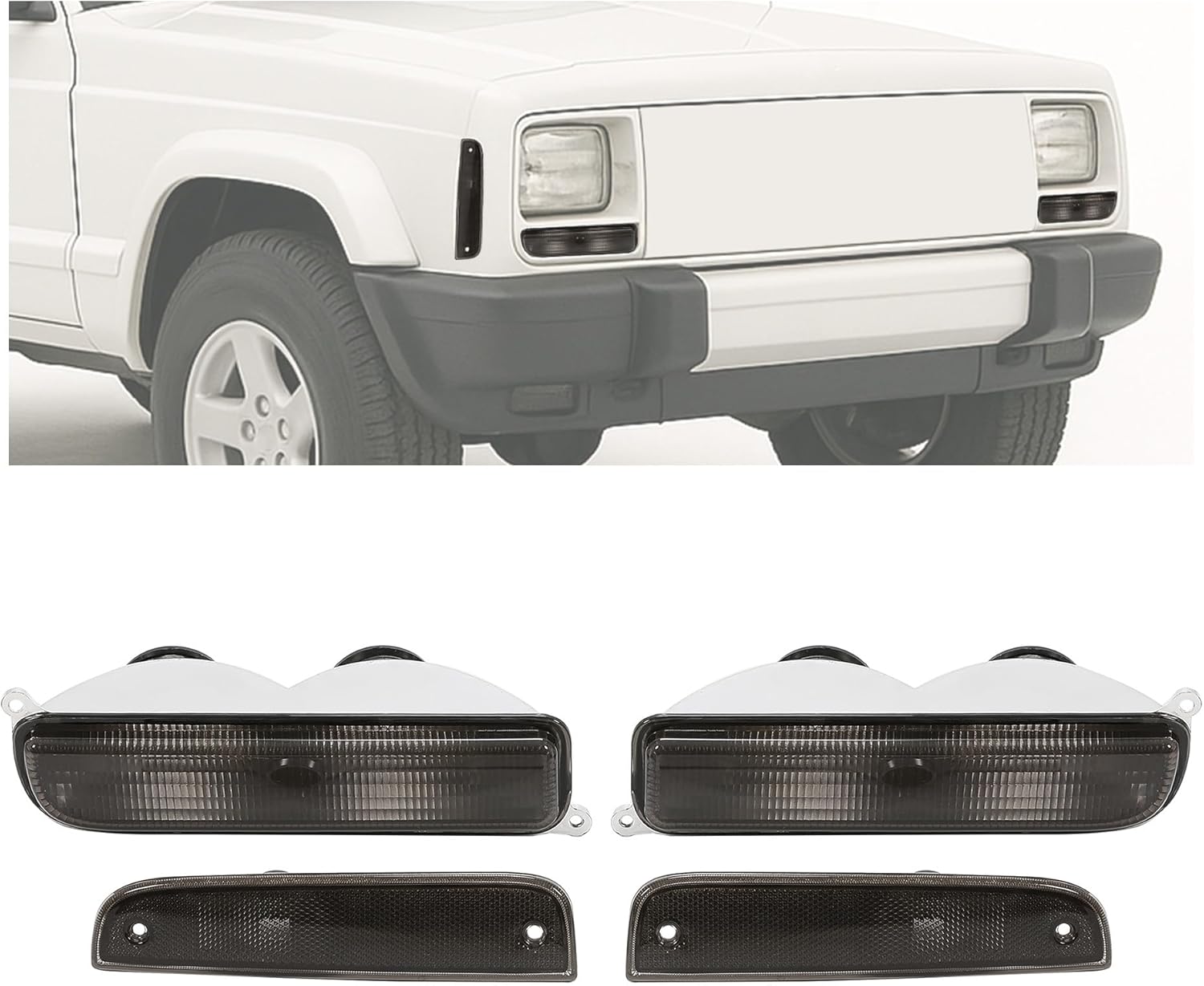 HECASA Signal & Corner Lights Compatible with 1997-2001 Jeep Cherokee XJ Front Bumper Light Left & Right Smoke Lens Chrome Housing Replacement for CH2550118 CH2551118 55055147 55055146