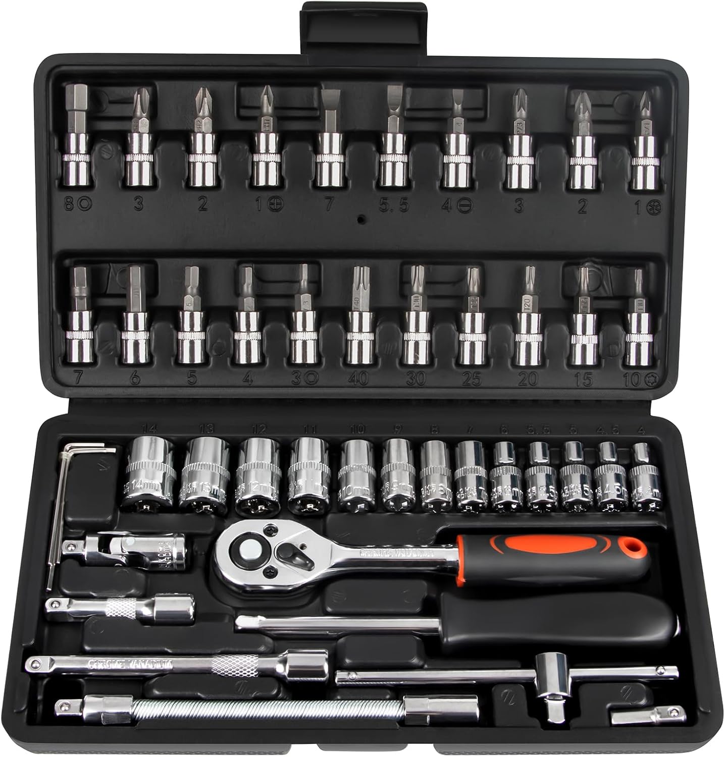 LLNEDL 46 Pieces 1/4" Drive Socket Set&Tool Sets, Ratchet Wrench Set with Bit Socket Set Metric and Extension Bar for DIY, Car Repair and Household with Storage Case（Black）