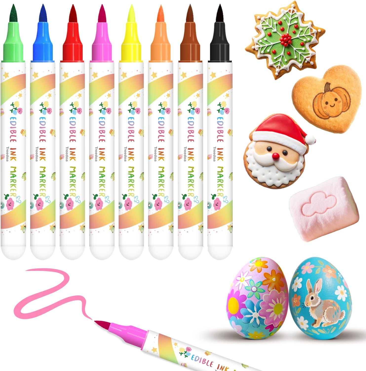 Food Colouring Pen, 8pcs Icing Pens Soft Brush Tip Edible Pen, Food Grade Gourmet Writer Decorator Pen, Edible Markers for Cakes, Cookies, Desserts, Fondant, Frosting, Easter Eggs