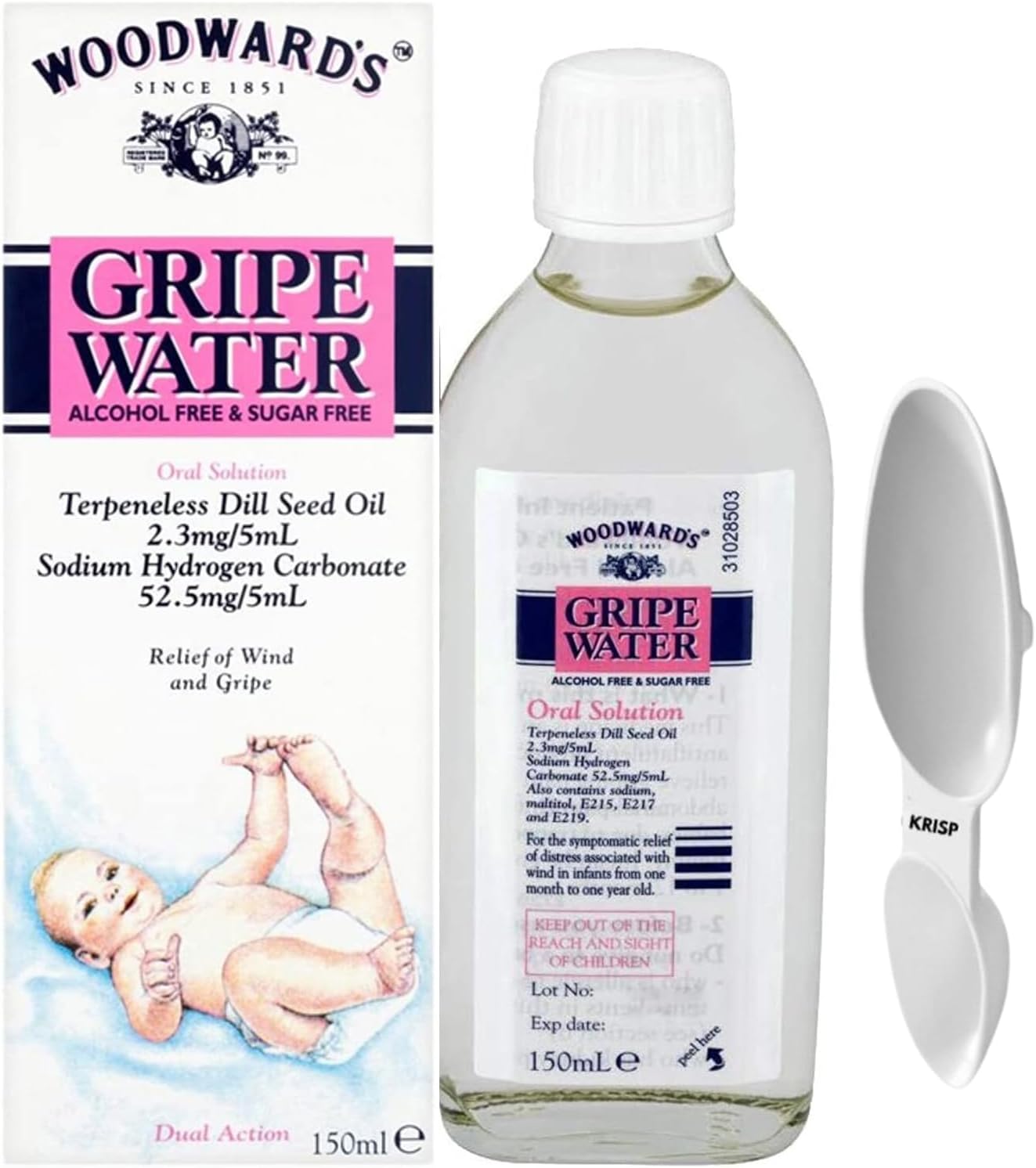 Gripe Water, 150ml - Natural Relief for Baby Colic, Wind & Gripe, Alcohol-Free, Sugar-Free, with Dill Seed Oil & Sodium Hydrogen Carbonate with Double Sided Medicine Spoon