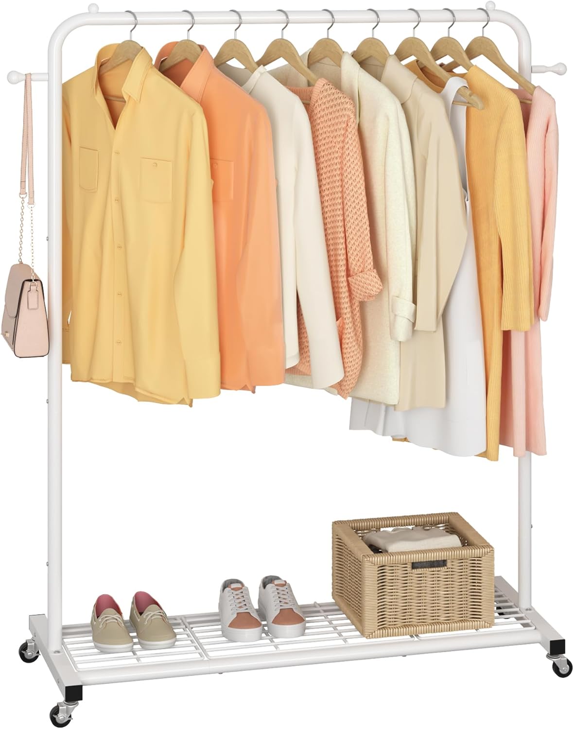 Sywhitta Clothes Rack on wheels, Clothing Rack with Bottom Mesh Storage Shelf,Sturdy Metal Frame,Rolling Garment Rack for Hanging Clothes,Coats,Skirts,39.76" L x 16" W x 64.56" H,White