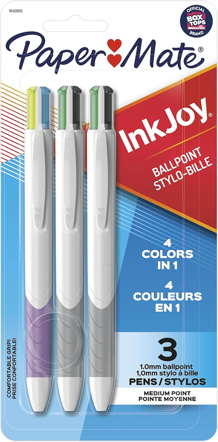 Paper Mate InkJoy Quatro Retractable Ballpoint Pens, Medium Point, Assorted Colors, 3 Pack