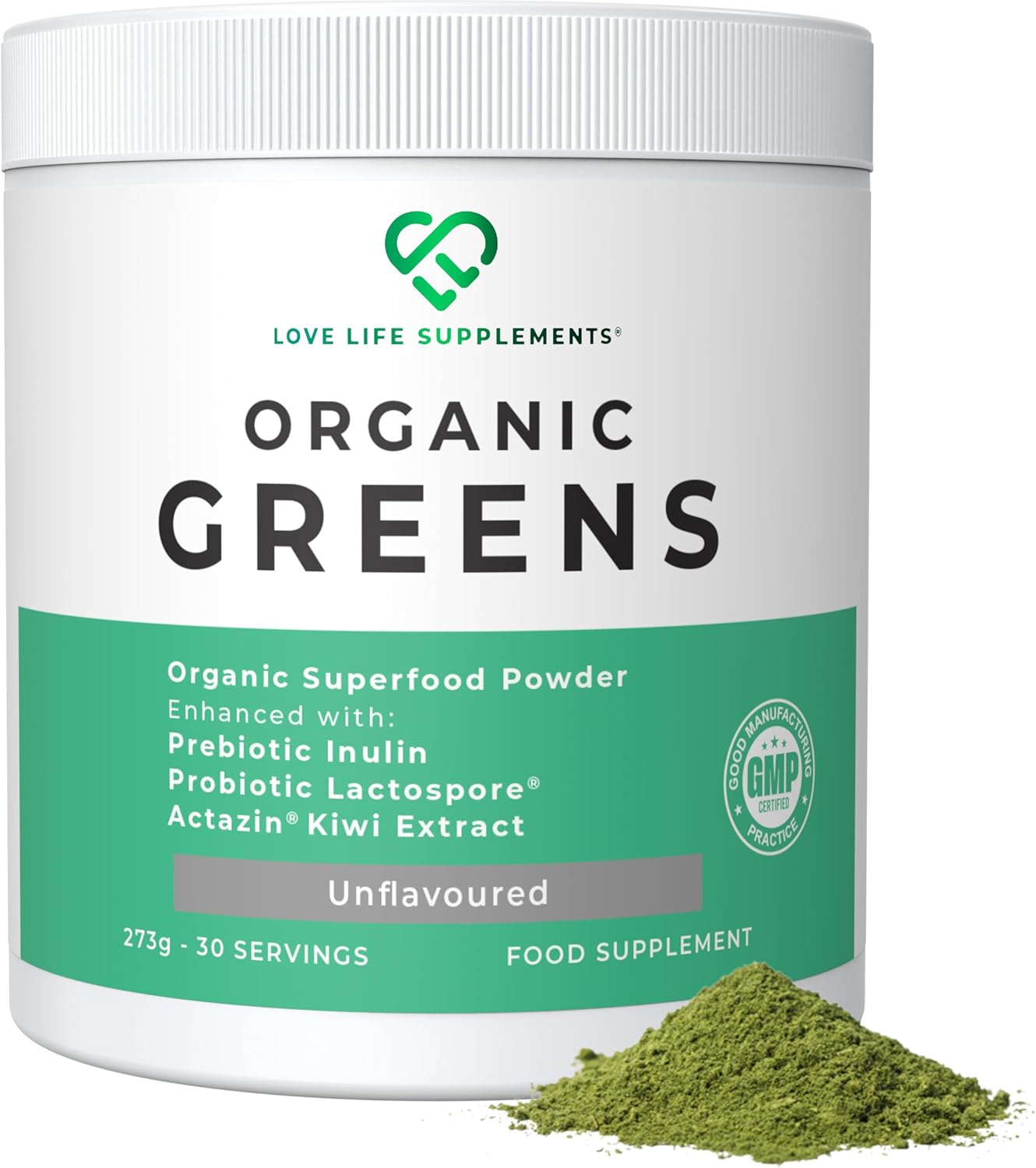 Organic Greens by LLS | 273g - 30 Servings | Unflavoured | Contains 6 Organic Greens - Kale, Spirulina, Spinach, Seagreens, Pea, Chlorella Plus Inulin and Lactospore® | Love Life Supplements
