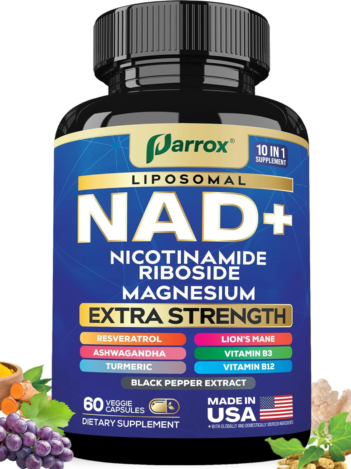 NAD+ Supplement with Liposomal NAD+, Nicotinamide Riboside, Magnesium, Vitamin B3 & B12, Resveratrol, Turmeric, Ashwagandha, Lion’s Mane,10-in-1 Extra Strength
