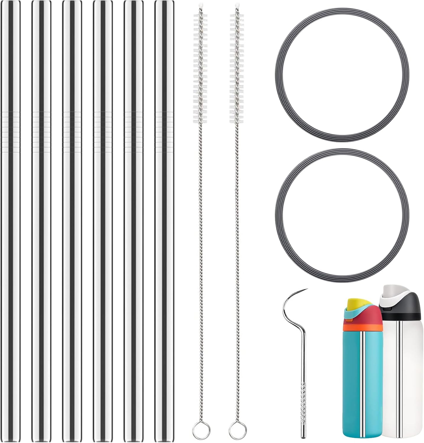 Pack of 6 Stainless Steel Straw ReplacementforOwala Water Bottle 24 oz 32 oz Reusable MetalStraws with Cleaning Brush & Gasket SealWashers Compatible with Freesip Water Bottle Accessories Parts