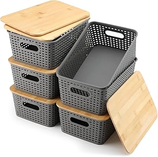Storage Bins with Bamboo Lids Set of 6 Lidded Storage Container Plastic Baskets Organizer Bins for Organizing Kithen Room Bedroom Office Closet, Sturdy(Grey)