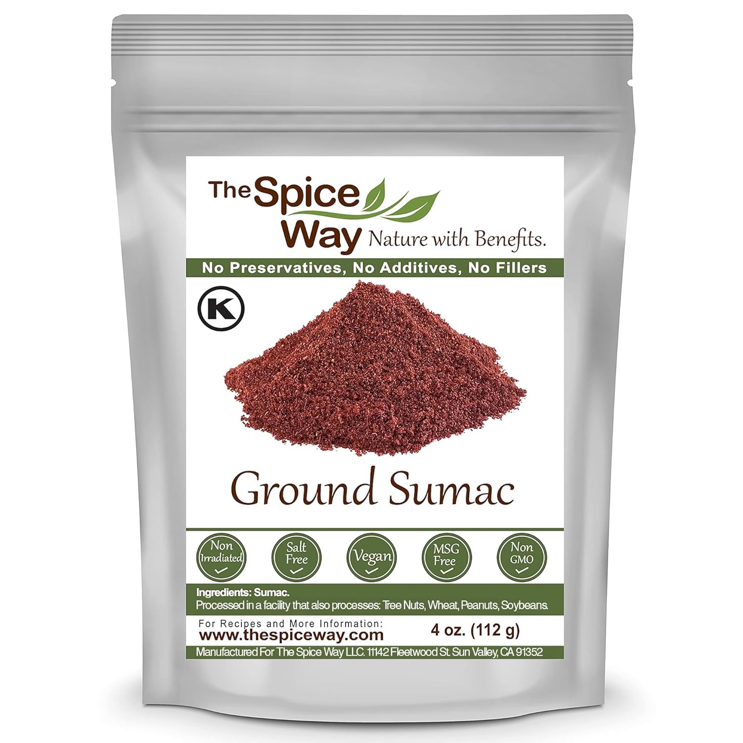 The Spice Way - Pure 100% Ground Sumac Spice, No Salt, no GMO, no Irradiation, Sumac Seasoning Powder 4 oz (resealable bag) (Sumak)(Sumakh spice)