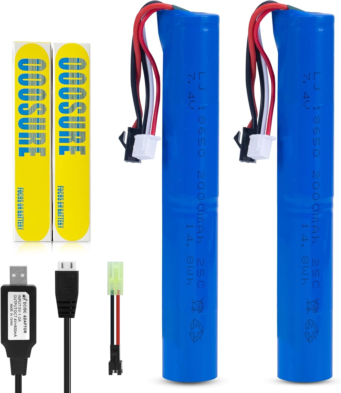 2 pcs 7.4V Batteries 2000mAh for SRB1200 SRB400 SRB400-SUB MP5K M4 M110 for Hobby Remote App Controlled Vehicle Water Bead Blaster Airsoft Gun with 2S USB Charger and Mini Tamiya Switch Cable