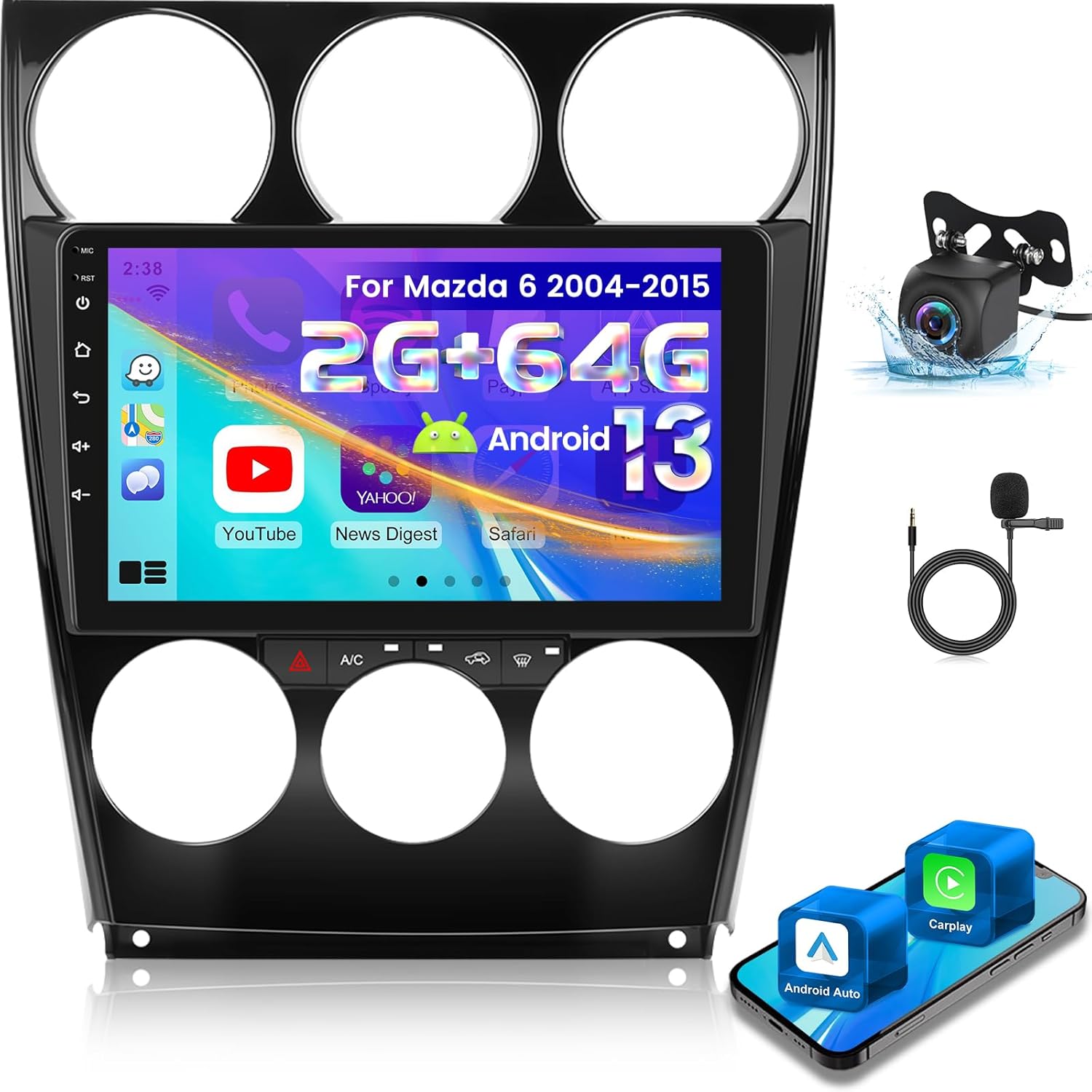 [2+64G] Android 13 Car Stereo for Mazda 6 2002-2008 - Wireless Carplay & Android Auto, 9 Inch HD Touch Screen Aftermarket Radio - WiFi, GPS Navigation, Mirror Link, SWC + AHD Backup Camera + Canbus