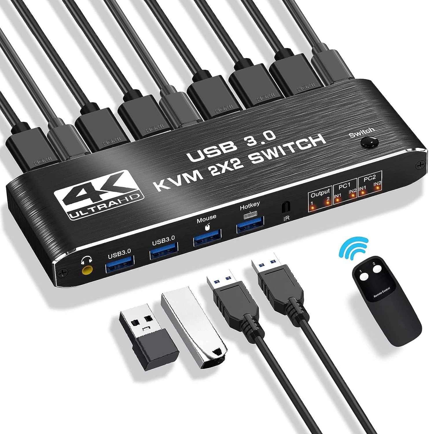 HDMI 2.0 KVM Switch,USB 3.0 KVM Switch 2x2 with 3.5mm Jack Audio Output for 2 Computers and 2 Monitors 4K@60Hz with 3 Display Method,Hot Key Switching