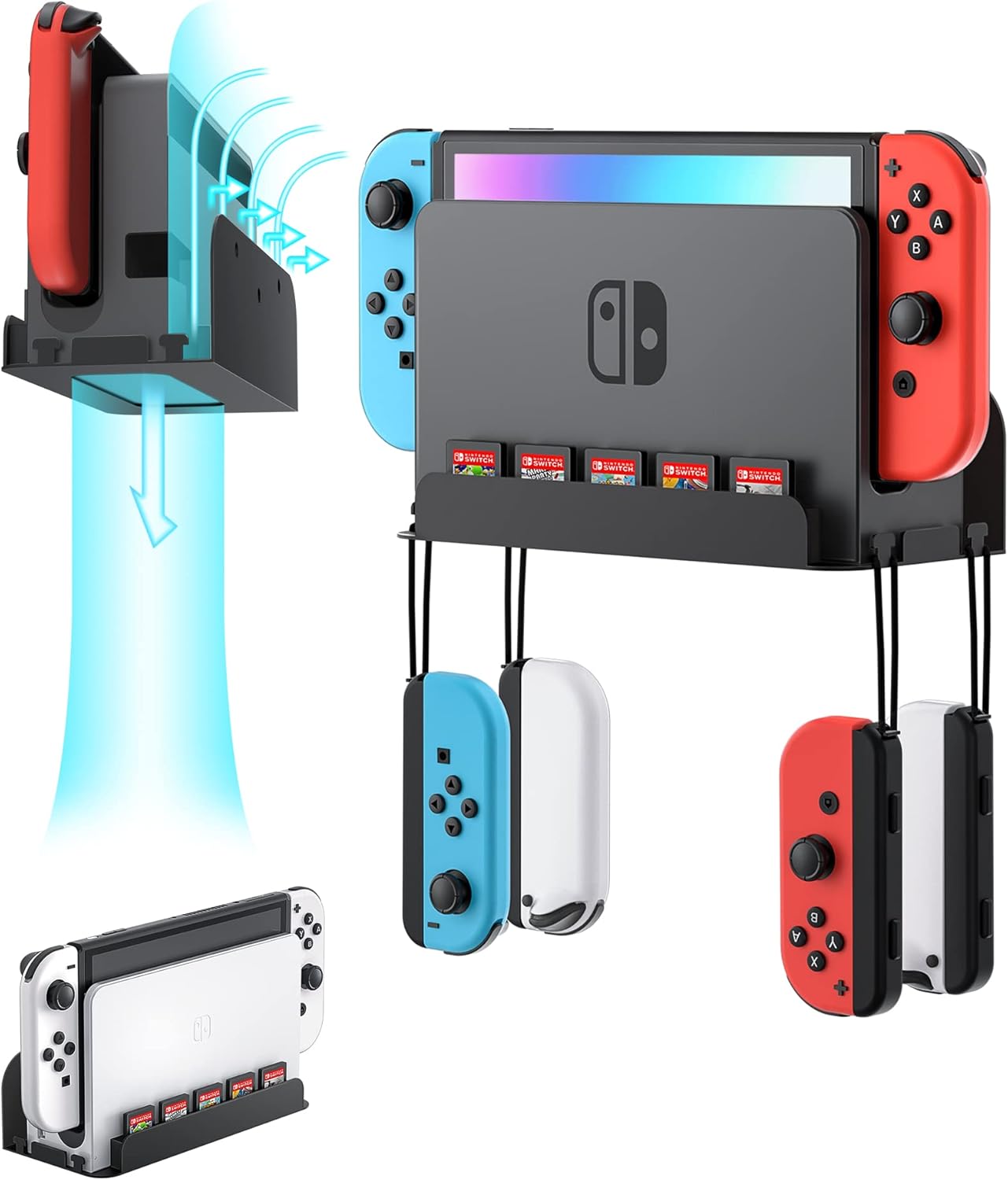 Wall Mount for Nintendo Switch and Switch OLED, Metal Wall Mount Kit Shelf Accessories with 5 Game Card Holders and 4 Joy Con Brackets, Safely Store Switch Console Near or Behind TV, Black