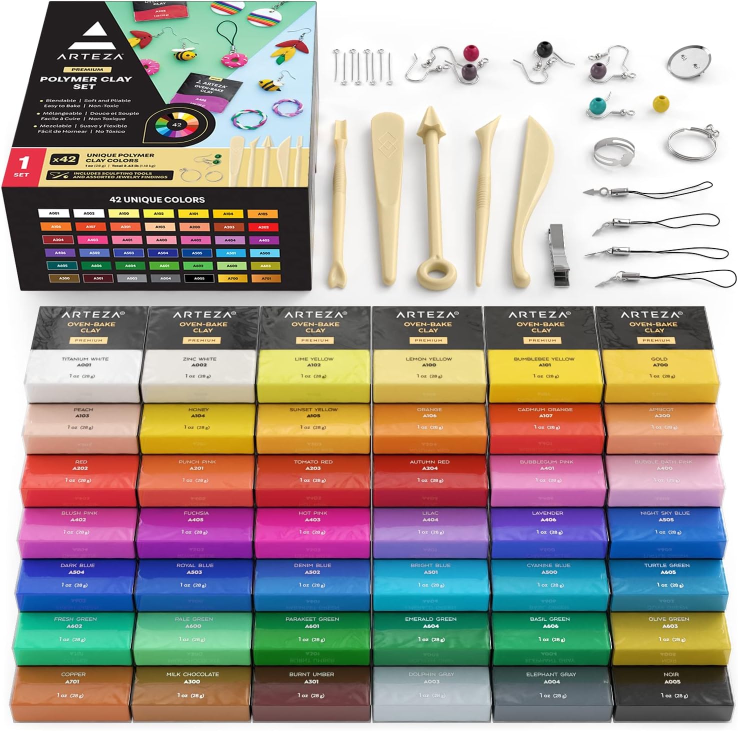 ARTEZA Polymer Clay Kit, 42 Colors with 5 Tools – Oven-Bake Modeling Clay for Jewelry Making, DIY Crafts, Sculpting & Creative Projects