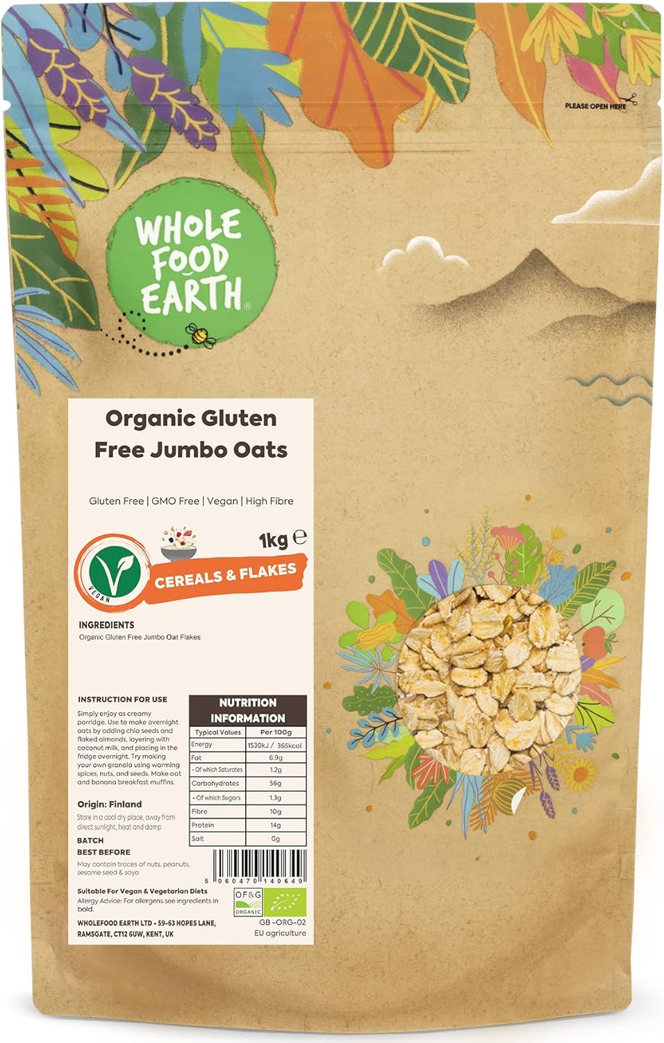 Wholefood Earth Organic Gluten Free Jumbo Oats – 1 kg | GMO Free | Vegan | High Fibre | Certified Organic