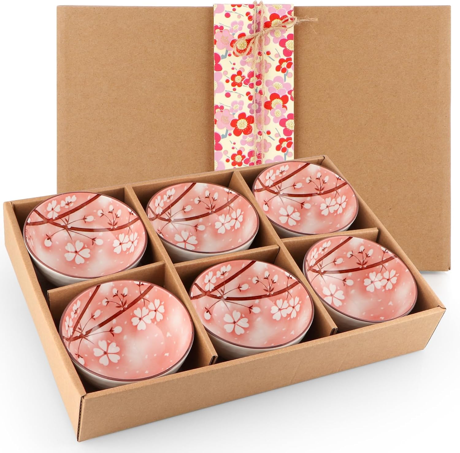 Ceramic Rice Bowls 10 oz, Sakura Bowl Gift Set, Dinnerware Serving Bowls for Rice, Cereal, Noodle, Soup, Desserts, Pack of 6 (Pink)
